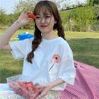 Elbow-sleeve Floral Embroidery T-shirt White - One Size