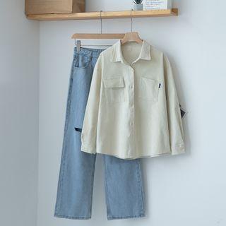 Corduroy Shirt / Distressed Wide-leg Jeans