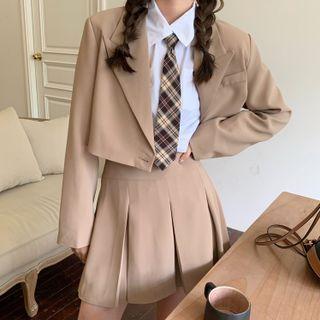Short-sleeve Tie Neck Shirt / Blazer / Mini A-line Skirt