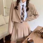 Short-sleeve Tie Neck Shirt / Blazer / Mini A-line Skirt
