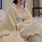 Open-front Cable Knit Midi Cardigan / Knit Top / Wide-leg Pants