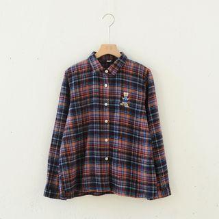 Bear Embroidered Plaid Shirt Jacket
