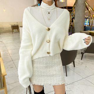 Metal-button Furry Knit Cardigan