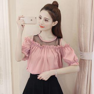 Mesh Panel Cut Out Shoulder Short Sleeve Top