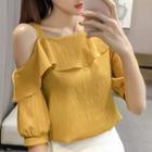 Elbow-sleeve Cold-shoulder Ruffle-trim Top