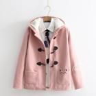Cat Embroidered Hooded Toggle Coat / Plain Shirt With Tie