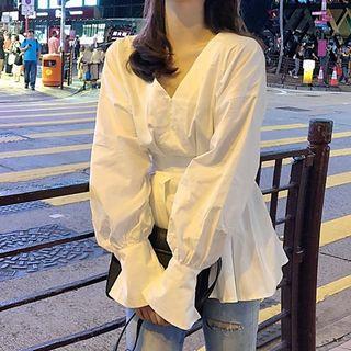 Lantern-sleeve V-neck Top White - One Size