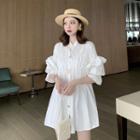 Elbow-sleeve Crinkled Mini Shirtdress As Shown In Figure - One Size