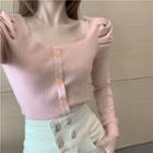 Puff Sleeve Button-detail Knit Top