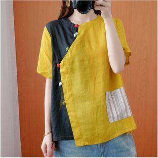 Contrast Color Frog-button Short-sleeve Blouse