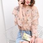 Floral Print Ruffle Trim Off Shoulder Long Sleeve Chiffon Top