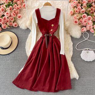 Set: Corduroy Tank Dress + Mock Neck Knit Top