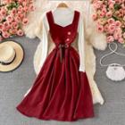 Set: Corduroy Tank Dress + Mock Neck Knit Top