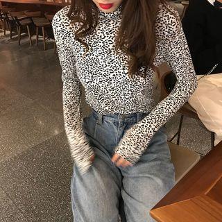 Leopard Turtle-neck Long-sleeve Slim-fit Top
