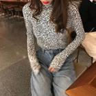 Leopard Turtle-neck Long-sleeve Slim-fit Top