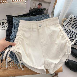 Drawstring Ruched High-waist Denim Shorts