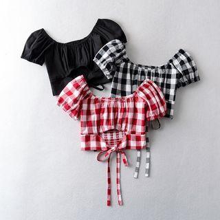Short-sleeve Gingham Check Crop Top