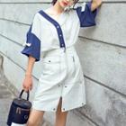 Elbow-sleeve Two Tone Buttoned Top