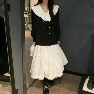Long-sleeve Ruffle Trim Jacket / Plain Layer Midi Skirt