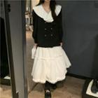 Long-sleeve Ruffle Trim Jacket / Plain Layer Midi Skirt