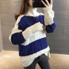 Turtleneck Striped Cable Knit Sweater