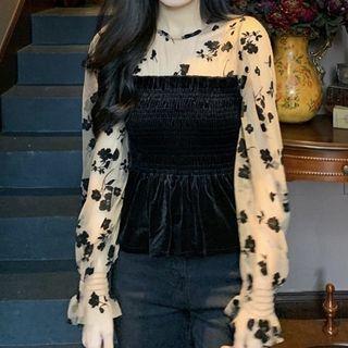 Floral Print Mesh Panel Smocked Blouse