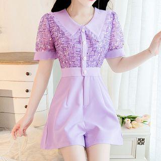Sequined Collared Short-sleeve Playsuit