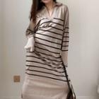 Long-sleeve Open-collar Striped Knit Midi Dress
