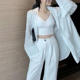 Cropped Camisole / Striped Shirt / Wide Leg Pants / Set