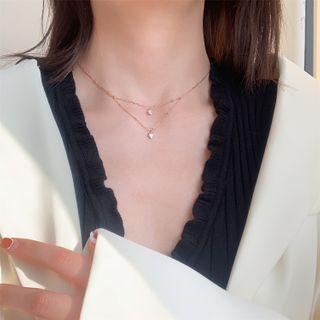 925 Sterling Silver Rhinestone Heart Pendant Layered Necklace