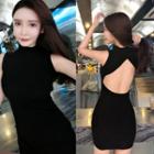 Sleeveless Cutout Back Mini Bodycon Knit Dress Black - One Size
