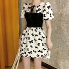 Short-sleeve Tie-front Bow Print A-line Dress White - One Size