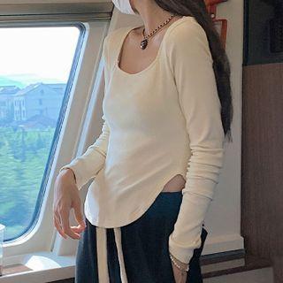 Long-sleeve Square-neck Plain Side-slit T-shirt