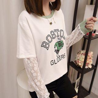 Printed Lace Panel Long-sleeve T-shirt