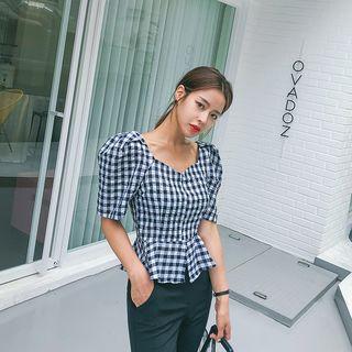 Puff-shoulder Check Peplum Blouse