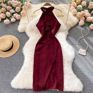 Halter Off-shoulder Ruffle Slit Dress