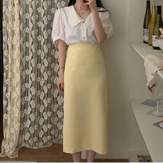 Elbow-sleeve Collared Blouse / Midi Pencil Skirt