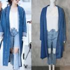 Set: Fringe-trim Top + Denim Destroyed Jeans + Denim Jacket