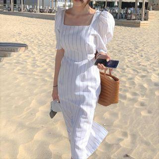 Puff-sleeve Pinstriped Sheath Midi Dress