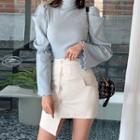 Set: Bell-sleeve Turtleneck Knit Top + Button-up Mini Skirt