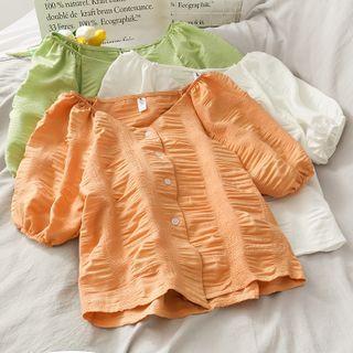 Bubble-sleeve V-neck Blouse