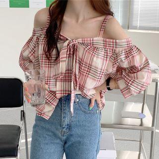 Plaid Cold-shoulder Tie-neck Blouse
