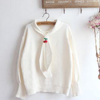 Long-sleeve Cherry Detail Knit Top Off-white - One Size