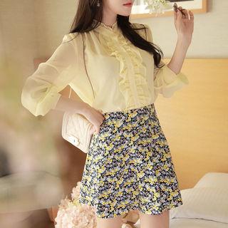 Mandarin-collar Frill-trim Textured Blouse