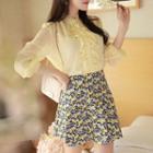 Mandarin-collar Frill-trim Textured Blouse
