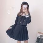 Long-sleeve Sailor Collar Top / Mini A-line Pleated Skirt