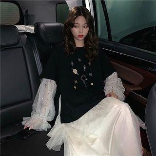 Sequin Mesh Sleeve Embroidered Pullover / Tiered Midi Mesh Skirt