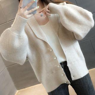Faux Pearl Lantern-sleeve Cardigan