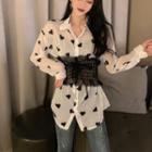 Heart Printed Shirt + Lace Corset Belt As Shown In Figure - One Size