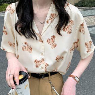 Elbow-sleeve Open-collar Bear Print Shirt